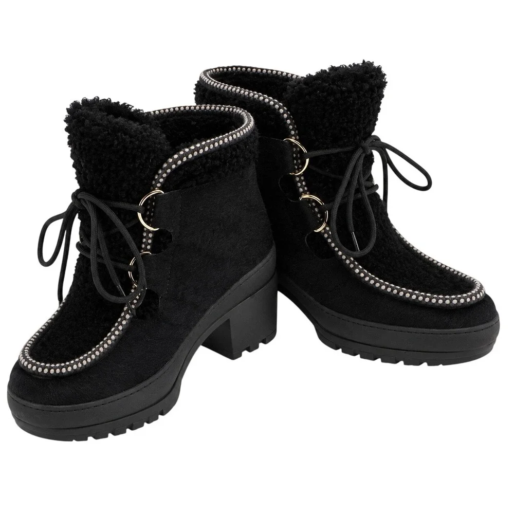 Tory Burch Black Fur Lace Up Lug Sole Ankle Boots Gold Hardware Size 7M